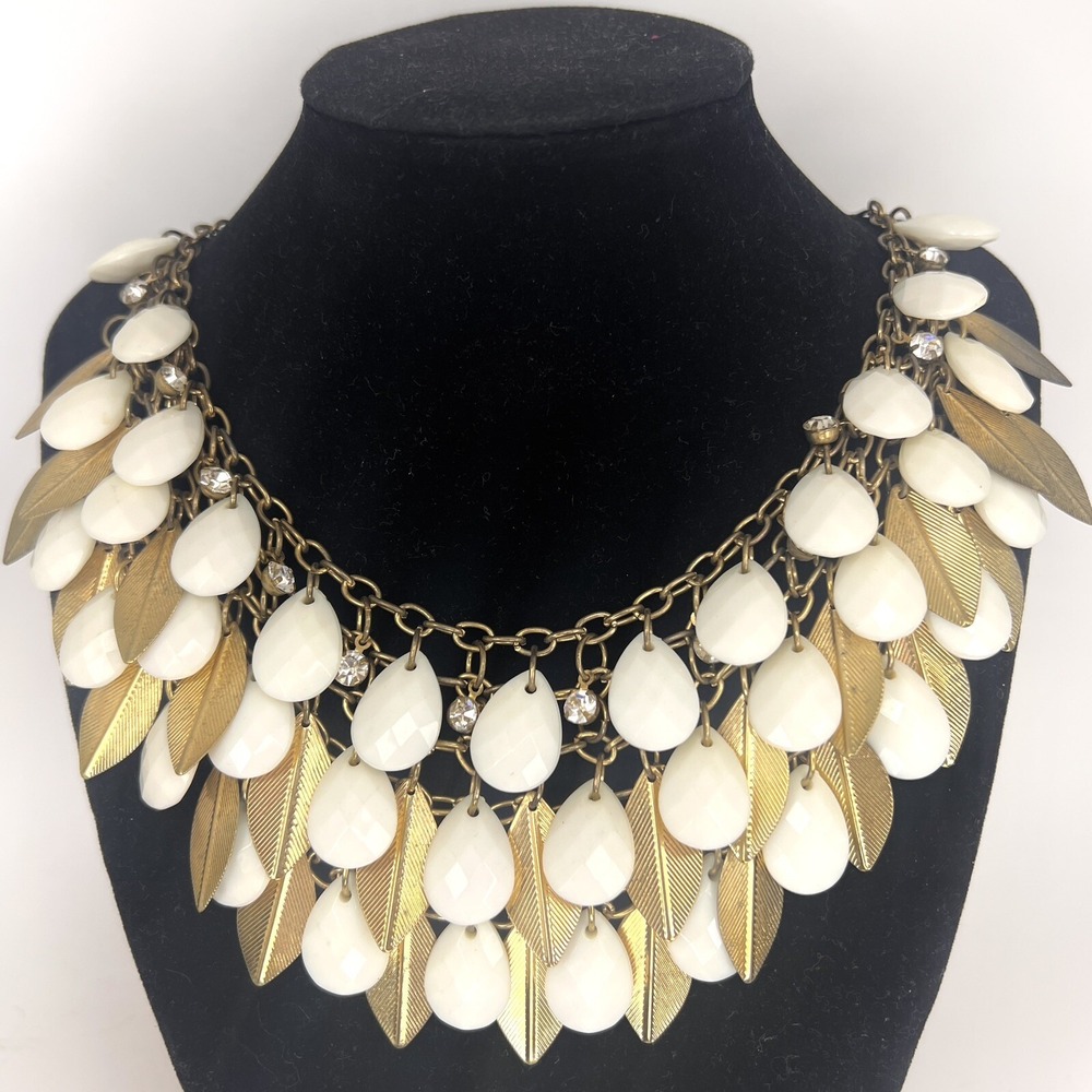 Multi Layer Necklace Choker Bib Gold Tone Metal Leaves  Shaped‎ White Teardrop